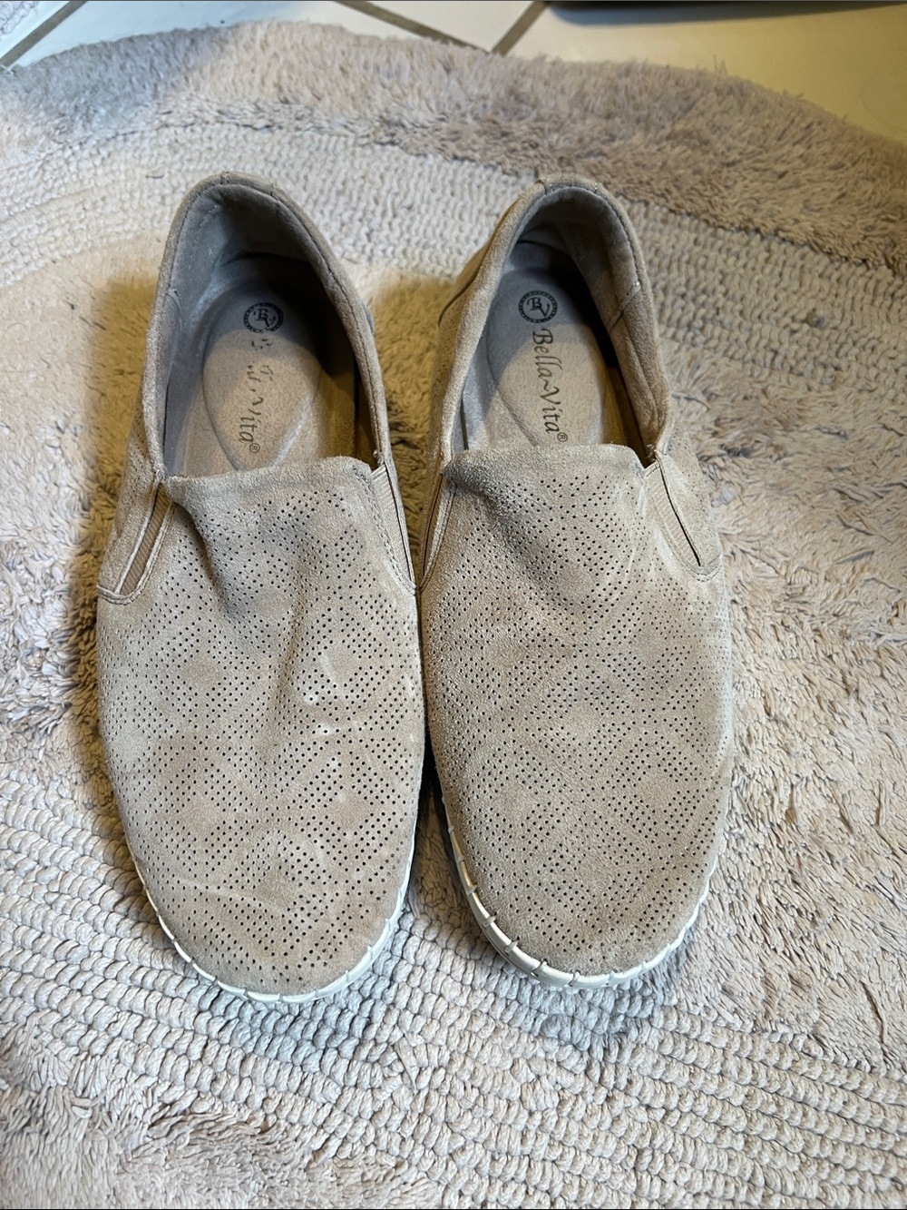 Bella Vita Women's Slip-On Perforated Suede Loafers in Taupe